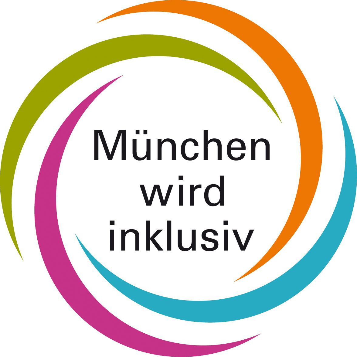 Logo Muenchen wird inklusiv schwarze Schrift in bunter Windrad Grafik