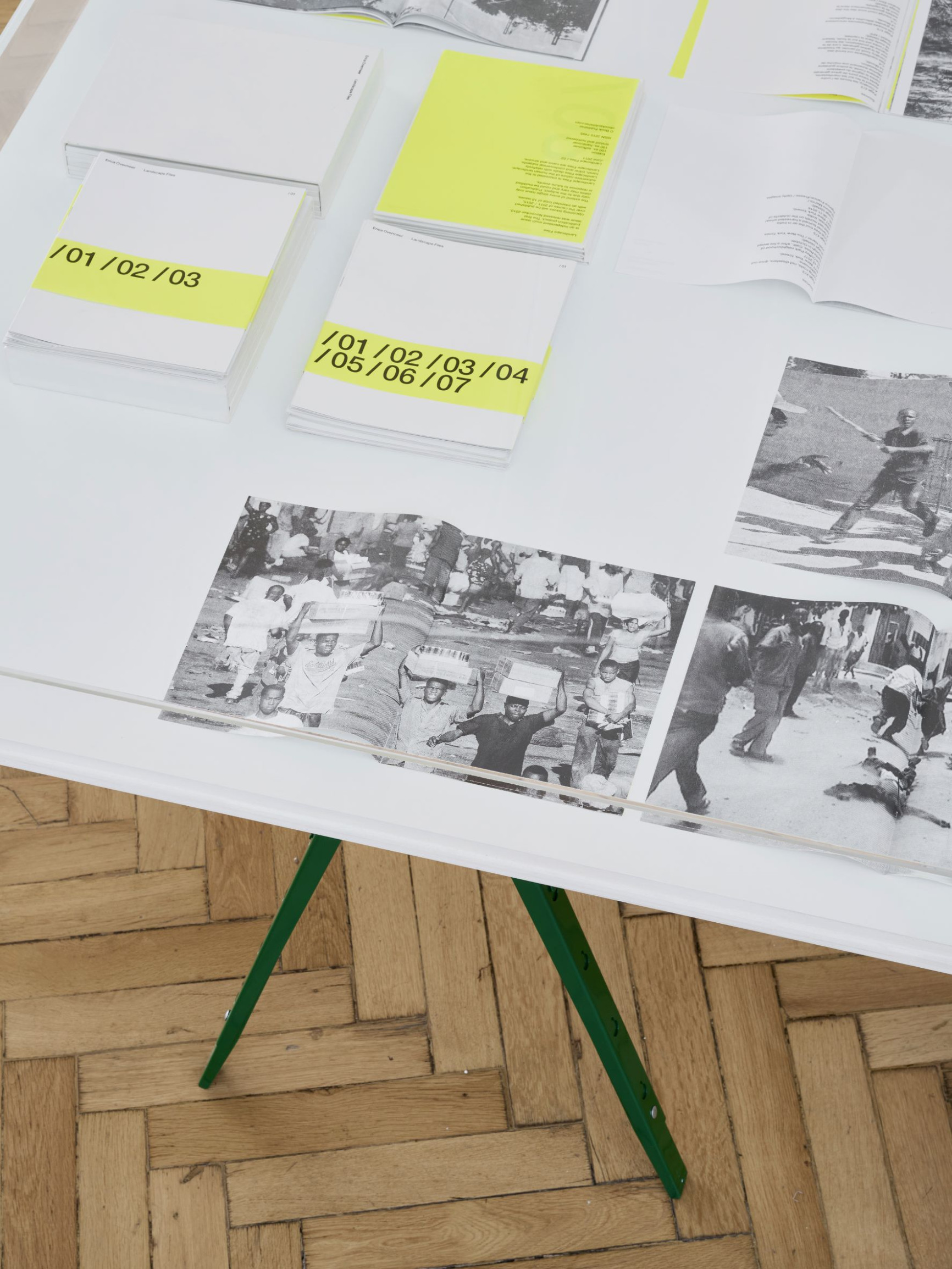 Vitrine-mit-landscape-files-von-erica-overmeer-teil-der-ausstellung-onside-offside-rathausgalerie