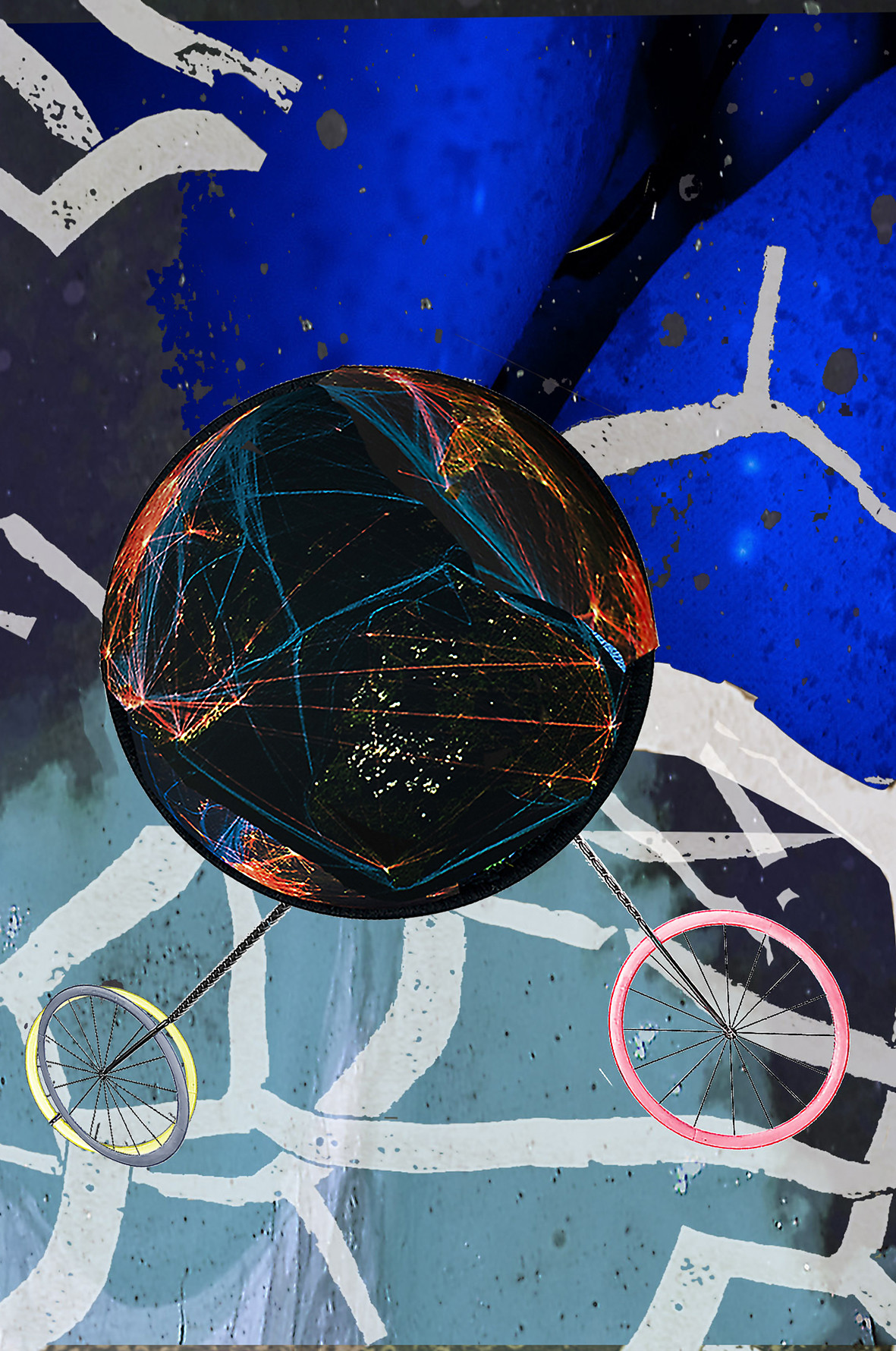 collage of a globe like object with two wheels in front of an abstract painting with different shades of Blue and white
